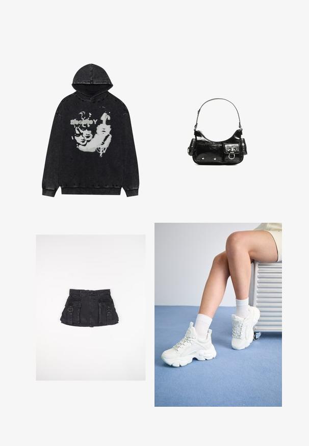 Czarna bluza z kapturem z przetarciami. Na przodzie znajduje się graficzny nadruk białych twarzy. Miękka faktura, luźny krój.; Czarna dżinsowa mini spódnica z dwoma przednimi kieszeniami, bocznymi klamrami i dopasowanym pasem. Posiada gładką fakturę i prosty dół.; Białe sneakersy na sznurowadła z grubą podeszwą, wykonane z gładkiego materiału syntetycznego, z teksturowanymi akcentami i pętelką na pięcie.; Czarna torebka z lakierowanej skóry o zaokrąglonym kształcie, z jednym paskiem na ramię, przednimi kieszeniami i akcentami w kolorze srebrnym.