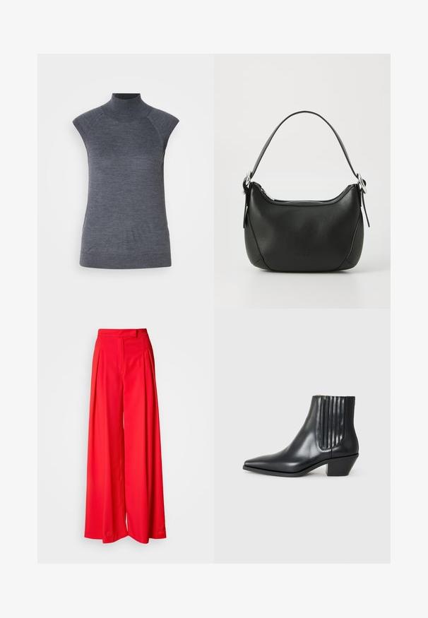Graues ärmelloses Rollkragenoberteil, körpernahe Passform, gerippte Textur, glattes Material, mit hochgeschlossenem Kragen und stilvollen Schulter-Ausschnitten.; Rote weit geschnittene Hosen aus glattem Stoff, mit vorderen Falten, flachem Bund und taillierter Passform. Das Design betont eine fließende Silhouette.; Schwarze Leder-Ankle-Boots mit spitzem Zehenbereich, seitlichen elastischen Einsätzen mit vertikalen Rillen und einem niedrigen Blockabsatz. Glatte Textur und elegantes Design.; Schwarze Ledertasche mit geschwungener Form, silbernem Reißverschluss und kurzem Griff. Verfügt über ein dezentes Logo auf der Vorderseite und eine glatte Textur.
