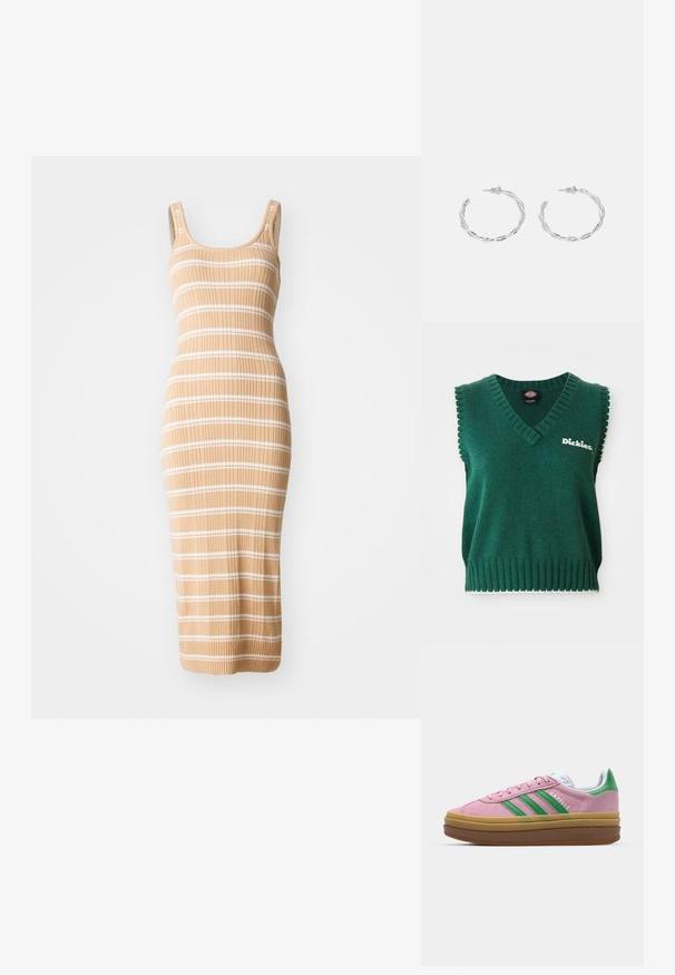 Vihreä hihaton neuleliivi, jossa on V-pääntie, ribbaatut reunat, valkoinen reuna ja "Dickies"-logo rintamuksessa.; Triko midi mekko beige sävyssä, jossa on valkoisia raitoja. Mekko on istuva, ilman hihoja ja siinä on ribbaustekstuuri.; Vaaleanpunaiset mokkanahkakengät, joissa on vihreät raidat, valkoiset yksityiskohdat ja ruskea kumipohja. Sisältää tekstuurillista kangasta ja logoyksityiskohtia sivulla.; Hope hopea, joissa on kierren muotoilu, kiiltävä pinta ja takana kiinnitettävä suljin. Halkaisija noin 3 cm.