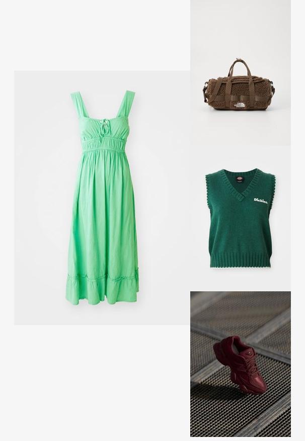 Grøn ærmeløs strikket vest med V-hals, ribbede kanter, hvid kant og "Dickies" logo på brystet.; Grøn, ærmeløs maxikjole med smocket liv, bindebånd foran og flæsekant. Lavet af let, tekstureret stof.; Bordeaux sneakers med en tekstureret overdel, snørelukning og udtalte sålkonturer. Har logo og sømløse syntetiske materiale accenter.; Brun duffelbag lavet af struktureret, fluffy stof med webbet remme, logo patch og lynlåslukning. Har en aftagelig skulderrem.