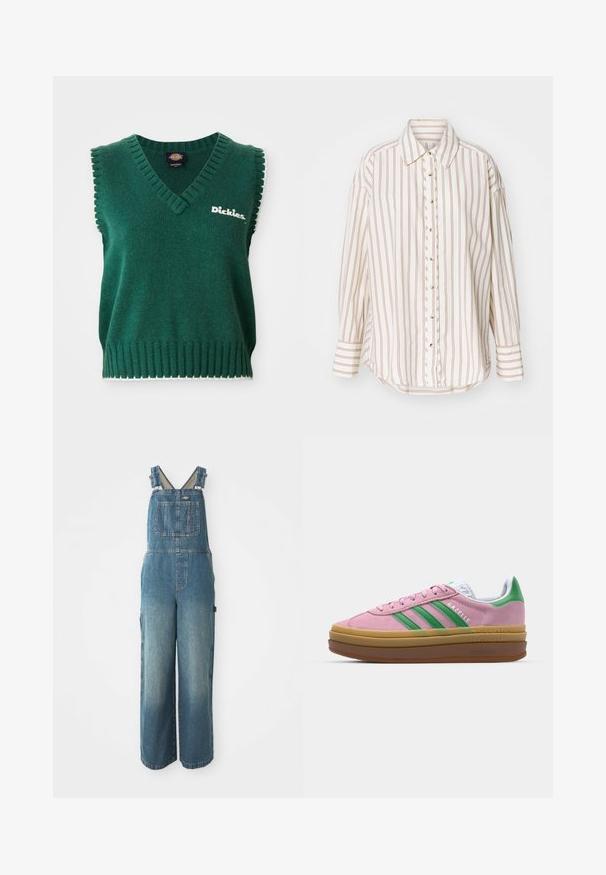 Grön ärmlös stickad väst med V-urringning, ribbade kanter, vit kant och "Dickies"-logotyp på bröstet.; Randig skjorta i krämfärg och ljusbrun, med knäppning framtill, krage och långa ärmar samt en något böjd fåll.; Jeanssalopetter med vida ben, justerbara axelband, framficka och blekblå färg. Tillverkade av slitstarkt bomullsmaterial.; Rosa mockaskor med gröna ränder, vita accenter och en brun gummisula. Har ett strukturerat tyg och logodetaljer på sidan.