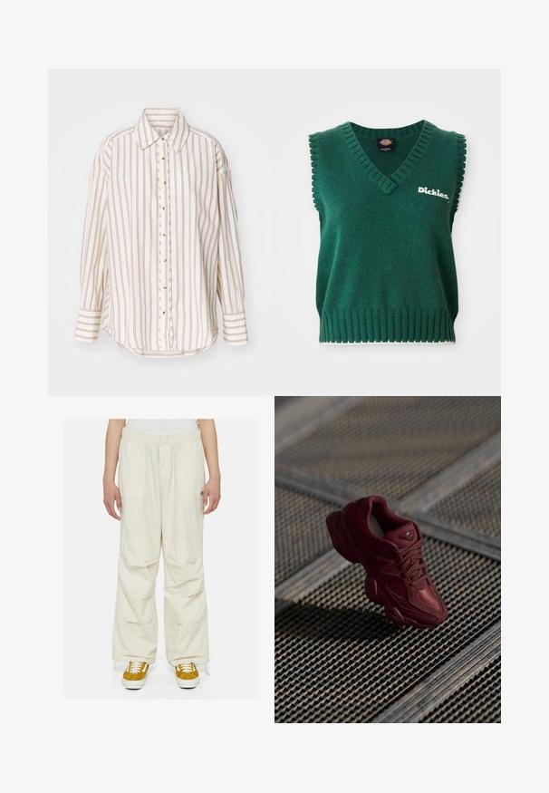 Gilet lavorato a maglia senza maniche verde con scollatura a V, bordi a costine, rifinitura bianca e logo "Dickies" sul petto.; Camicia a righe in crema e marrone chiaro, con chiusura a bottoni sul davanti, colletto e maniche lunghe con orlo leggermente curvo.; Pantaloni cargo color crema con vestibilità ampia, vita elastica e molteplici tasche. Indossati con sneakers marroni e bianche su uno sfondo bianco.; Sneaker bordeaux con una toma superiore testurizzata, design con lacci e contorni della suola pronunciati. Presenta un logo e accenti in materiale sintetico senza cuciture.