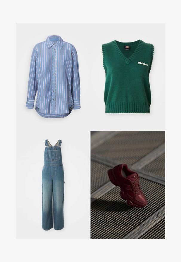 Zelena brezrokavnica iz pletenine z V-izrezom, rebrastimi robovi, belim obrobjem in logotipom "Dickies" na prsih.; Modra prugasta srajca s gumbi, ki ima rdeče in bele navpične črte, dolge rokave, zložljiv ovratnik in ukrivljen rob.; Jeansové kombinézy s širokými nohavicami, nastaviteľnými ramennými popruhmi, prednou vreckom a vybledlou modrou farbou. Vyrobené z pevného bavlneného materiálu.; Burgundske superge z teksturirano zgornjo površino, z vezalkami in izrazitimi konturi podplata. Vsebuje logotip in brezšivne sintetične materiale.