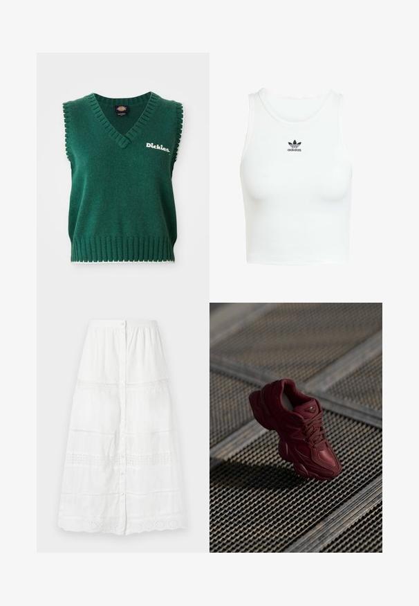 Grüner ärmelloser Strickpullover mit V-Ausschnitt, gerippten Kanten, weißem Saum und "Dickies"-Logo auf der Brust.; Weißes Baumwoll-Tanktop mit einer enganliegenden Rippenstruktur, rundem Halsausschnitt und gesticktem schwarzem Adidas-Logo auf der Vorderseite.; Weißer Button-up Rock aus leichtem Stoff, mit Spitzeneinsatz und gestickten Mustern am Saum und in mittleren Abschnitten.; Burgunderfarbene Sneakers mit strukturiertem Obermaterial, Schnürdesign und ausgeprägten Sohlensch Conturen. Mit Logo und nahtlosen Akzenten aus synthetischem Material.
