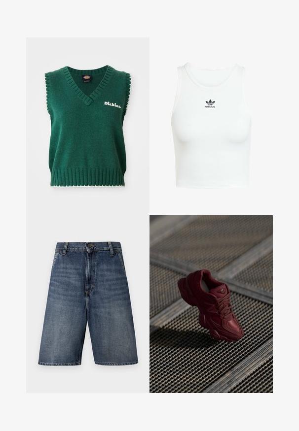 Žalias be rankovių megztas liemenė su V formos iškirpte, grioveliais apipjautais kraštais, balta apdaila ir "Dickies" logotipu ant krūtinės.; Baltas medvilninis be rankovių marškinėlis su prigludusiu, banguotu paviršiumi, apvaliu iškirpimu ir išsiuvinėtu juodu Adidas logotipu priekyje.; Tamsiai mėlyni džinsiniai šortai su tiesiu kirpimu, su priekyje esančia mygtuko uždarymo sistema, diržo kilpomis ir be matomų raštų ar puošmenų.; Bordo spalvos sportiniai bateliai su tekstūruotu paviršiumi, raištelių užsegimu ir išryškintais padų kontūrais. Papuošti logotipu ir vientisomis sintetinėmis medžiagomis.