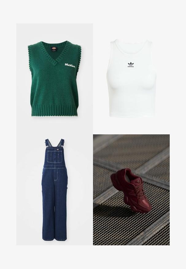 Green sleeveless knit vest with V-neck, ribbed edges, white trim, and "Dickies" logo on the chest.; White cotton tank top with a fitted ribbed texture, round neckline, and embroidered black Adidas logo on the front.; Denim overalls in dark blue, featuring adjustable straps, chest pocket, side pockets, and a loose, wide-leg fit. Classic stitching details.; Burgundy sneaker with a textured upper, lace-up design, and pronounced sole contours. Features logo and seamless synthetic material accents.