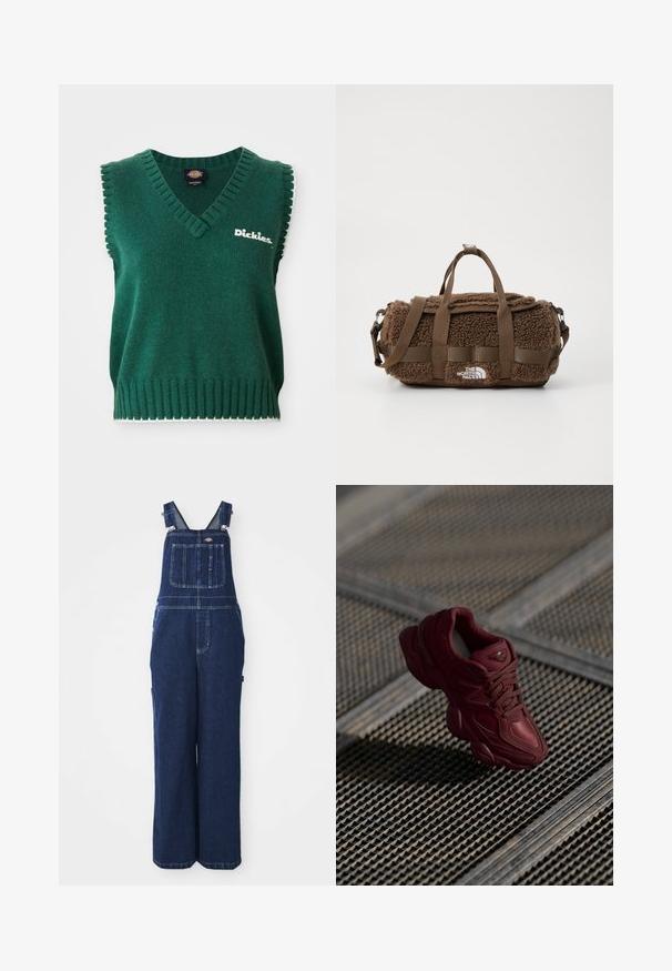 Zaļš bezpiedurkņu adījuma veste ar V formas kakla izgriezumu, ribotām malām, baltu apdari un "Dickies" logo uz krūts.; Bala balta kokvilnas tvertne ar pieguļošu ribu tekstūru, apaļu kakla izgriezumu un izšūtu melnu Adidas logo priekšpusē.; Tumši zili džinsu kombinezoni ar regulējamiem siksnām, krūšu kabatu, sānu kabatām un brīvu, platu kāju piegriezumu. Klasiski šuvuma elementi.; Vīnogu krāsas sporta apavi ar teksturētu augšu, auklām un izteiktām zoles kontūrām. Iespējas ar logo un bezšuvju sintētiskā materiāla akcentiem.; Brūns duffel soma, kas izgatavota no teksturēta, pūkaina auduma, ar tīkla siksnām, logo sēni un ar rāvējslēdzēju aizdari. Ir noņemama plecu siksna.