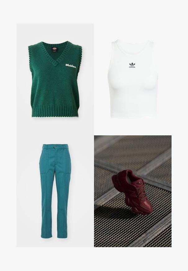 Groen mouwloos gebreid vest met V-hals, geribbelde randen, witte afwerking en "Dickies" logo op de borst.; Witte katoenen tanktop met een aansluitende ribbelstructuur, ronde halslijn en geborduurd zwart Adidas-logo op de voorkant.; Teal broek gemaakt van een gladde, gestructureerde stof. Voorzien van een knoopsluiting, twee voorkruiszakken en een rechte pasvorm.; Bordeaux sneaker met een gestructureerde bovenkant, vetersluiting en opvallende contouren van de zool. Beschikt over een logo en naadloze accenten van synthetisch materiaal.