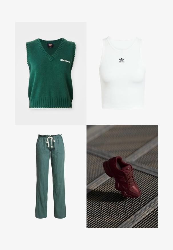 Groen mouwloos gebreid vest met V-hals, geribbelde randen, witte afwerking en "Dickies" logo op de borst.; Witte katoenen tanktop met een aansluitende ribbelstructuur, ronde halslijn en geborduurd zwart Adidas-logo op de voorkant.; Lichte, groene linnen broek met een ontspannen pasvorm, elastische tailleband en een koord, voorzien van twee zijzakken.; Bordeaux sneaker met een gestructureerde bovenkant, vetersluiting en opvallende contouren van de zool. Beschikt over een logo en naadloze accenten van synthetisch materiaal.