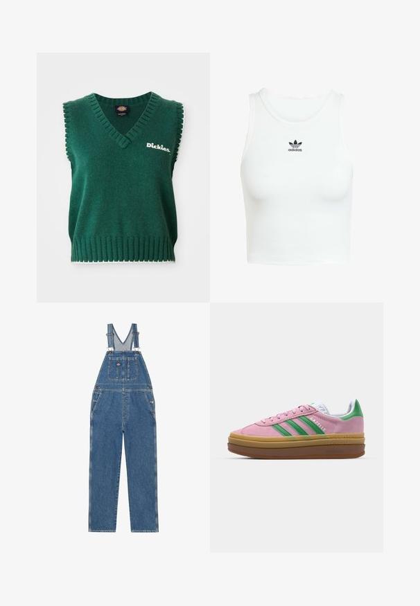 Zaļš bezpiedurkņu adījuma veste ar V formas kakla izgriezumu, ribotām malām, baltu apdari un "Dickies" logo uz krūts.; Bala balta kokvilnas tvertne ar pieguļošu ribu tekstūru, apaļu kakla izgriezumu un izšūtu melnu Adidas logo priekšpusē.; Denim kombinezons ar regulējamiem siksnām, V-veida krūtīm, priekšējo kabatu un sānu kabatām. Piedāvā klasisku zilu krāsu un kontrastējošus diegus.; Rozā zamša kedas ar zaļām svītrām, baltām akcentiem un brūnu gumijas zoli. Izstrādātas ar teksturētu audumu un logotipa detaļām sānos.