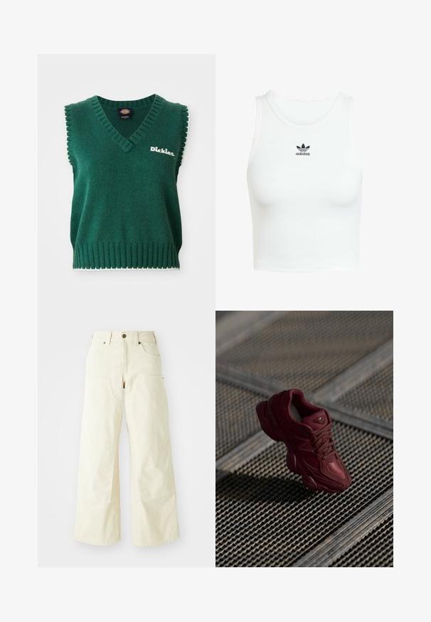 Zielony bezrękawnik z dzianiny, z dekoltem w kształcie litery V, prążkowanymi brzegami, białym wykończeniem i logo "Dickies" na piersi.; Biały bawełniany top na ramiączkach o dopasowanej, prążkowanej strukturze, okrągłym dekolcie i haftowanym czarnym logo Adidas z przodu.; Beżowe spodnie w szerokim kroju wykonane z bawełny, z wysokim stanem, dużymi przednimi kieszeniami oraz gładką teksturą z minimalnymi detalami przeszycia.; Burgundowe sneakersy z teksturowaną cholewką, sznurowanym zapięciem i wyraźnymi konturami podeszwy. Posiadają logo oraz akcenty z jednolitego materiału syntetycznego.