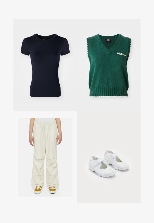 Colete de malha verde sem mangas com decote em V, bordas caneladas, acabamentos brancos e logotipo "Dickies" no peito.; Camiseta de manga curta azul marinho, feita de um tecido liso e elástico. Apresenta um decote redondo e uma silhueta ajustada. Sem padrões ou detalhes.; Calças cargo de cor creme com ajuste solto, cintura elástica e múltiplos bolsos. Usadas com ténis castanhos e brancos sobre um fundo branco.; Sapatilhas brancas desportivas com um upper texturizado, faixa de velcro ajustável, biqueira arredondada e sola grossa com um padrão de pisada distinto.