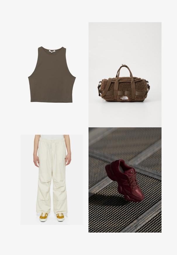 Zelená bezsložková pletená vesta s výstřihem do V, žebrovanými okraji, bílým lemem a logem "Dickies" na hrudi.; Hnědý bezrukávový crop top s kulatým výstřihem, vyrobený z hladké tkaniny, s jednoduchým, přiléhavým střihem a čistými okraji.; Krémové cargo kalhoty s volným střihem, elastickým pasem a několika kapsami. Na bílém pozadí je obuty s hnědými a bílými teniskami.; Burgundské tenisky s texturovaným svrškem, šněrováním a výraznými konturami podrážky. Obsahují logo a bezšvové akcenty ze syntetického materiálu.; Hnědá sportovní taška vyrobená z textilního, načesaného materiálu s popruhy, logem a zipovým uzávěrem. Obsahuje odnímatelný ramenní popruh.
