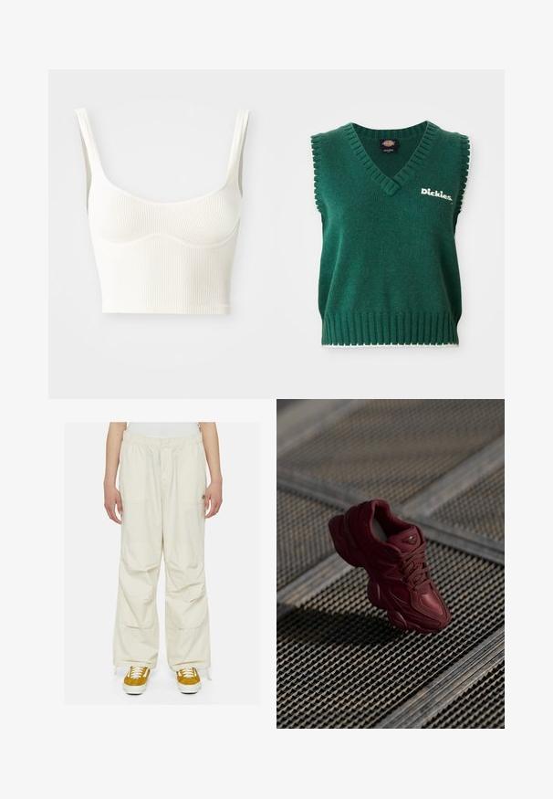 Green sleeveless knit vest with V-neck, ribbed edges, white trim, and "Dickies" logo on the chest.; Cream-colored ribbed cropped top with wide shoulder straps and a soft, smooth texture. Features a contoured bust seam and a straight hem.; Cream-colored cargo pants with a loose fit, elastic waist, and multiple pockets. Worn with brown and white sneakers on a white background.; Burgundy sneaker with a textured upper, lace-up design, and pronounced sole contours. Features logo and seamless synthetic material accents.