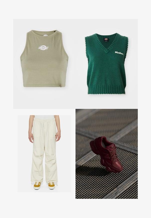 Grønn ermeløs strikket vest med V-hals, ribbestrikkede kanter, hvit kanting, og "Dickies" logo på brystet.; Dickies POWERS - Topper - imperial green; Kremfargede cargo-bukser med løs passform, elastisk midje og flere lommer. Brukt sammen med brune og hvite sneakers på en hvit bakgrunn.; Bourgogne sneakers med teksturert overdel, snøredesign og uttalte sålekonturer. Har logo og sømløse akenter i syntetisk materiale.