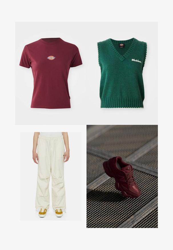 Zelená bezrukávová pletená vesta s výstrihom do V, ribovanými okrajmi, bielym lemovaním a logom "Dickies" na hrudi.; Bordová tričko s krátkym rukávom vyrobené z bavlny, s okrúhlym výstrihom a malým viacfarebným logom "Dickies" na hrudi.; Krémočné cargo nohavice s voľným strihom, elastickým pásom a viacerými vreckami. Nosené s hnedo-bielymi teniskami na bielom pozadí.; Bordové tenisky s textúrovaným vrchom, šnurovací dizajn a výrazné kontúry podrážky. Obsahujú logo a bezšvové akcenty z syntetického materiálu.