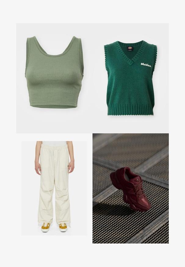 Grøn ærmeløs strikket vest med V-hals, ribbede kanter, hvid kant og "Dickies" logo på brystet.; Oliven grøn cropped tanktop lavet af ribbet stof, med en scoop udskæring og brede skulderstropper.; Kræmfarvede cargo-bukser med løs pasform, elastisk talje og flere lommer. Båret med brune og hvide sneakers på en hvid baggrund.; Bordeaux sneakers med en tekstureret overdel, snørelukning og udtalte sålkonturer. Har logo og sømløse syntetiske materiale accenter.
