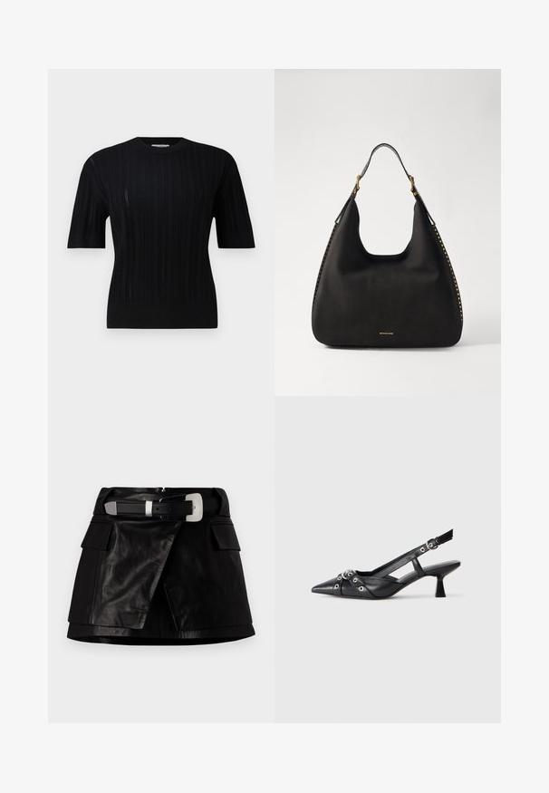 Filippa K BRAID - Džemperis - black; Melnas ādas svārki ar jostasvietu, kas aprīkota ar sudraba sprādzi, priekšējām kabatām un asimetrisku griezumu. Gluda tekstūra un elegants dizains.; Melnas ādas šlipsveida kurpes ar norādītu purngalu, dekoratīvām joslām ar metāla acīm un zemu bloku papēdi. Teksturēta virsma.; MICHAEL Michael Kors NOLITA HOBO  - Rokassoma - black