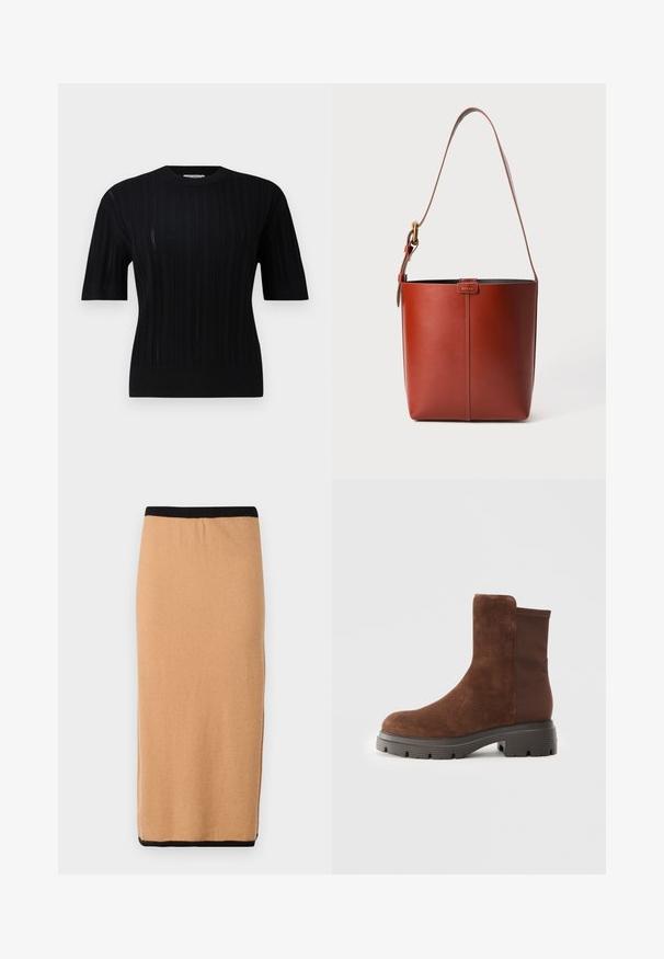 Filippa K BRAID - Džemper - black; Knee-length, camel color knit seelik musta elastse kummiga ja sileda tekstuuriga. Lihtne disain, ilma nähtavate mustrite või aktsentideta.; Pruun nahast ankle saapad elastsete külgpaneelidega, ümmargune varvas ja paks kummist tald, millel on tekstureeritud kulumisjälgede muster.; Pruun nahast ämbri kott reguleeritava õlavööga ja kuldse määrdega, lihtne vertikaalne õmblusdetail ees.