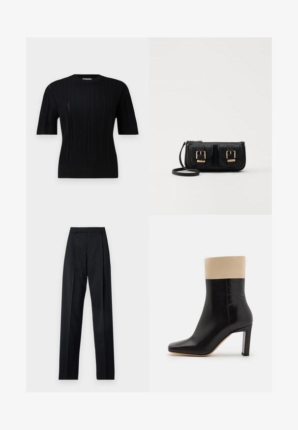 Filippa K BRAID - Svetrík - black; Čierne nohavice vyrobené z hladkej látky s vysokým pásom, širokými nohavicami, prednými záhybmi a klasickými pútkami na opasok. Žiadne bočné vrecká nie sú viditeľné.; Čierna kožená členková čižma s krémovým akcentom na vrchu, špicatou špičkou a vysokým podpätkom so strieborným akcentom. Hladká textúra bez viditeľných vzorov.; Čierna kožená crossbody taška s dvoma prednými vreckami, zlatými sponami, zipsovým uzatváraním a úzkym popruhom. Štruktúrovaný povrch a kompaktný obdĺžnikový tvar.