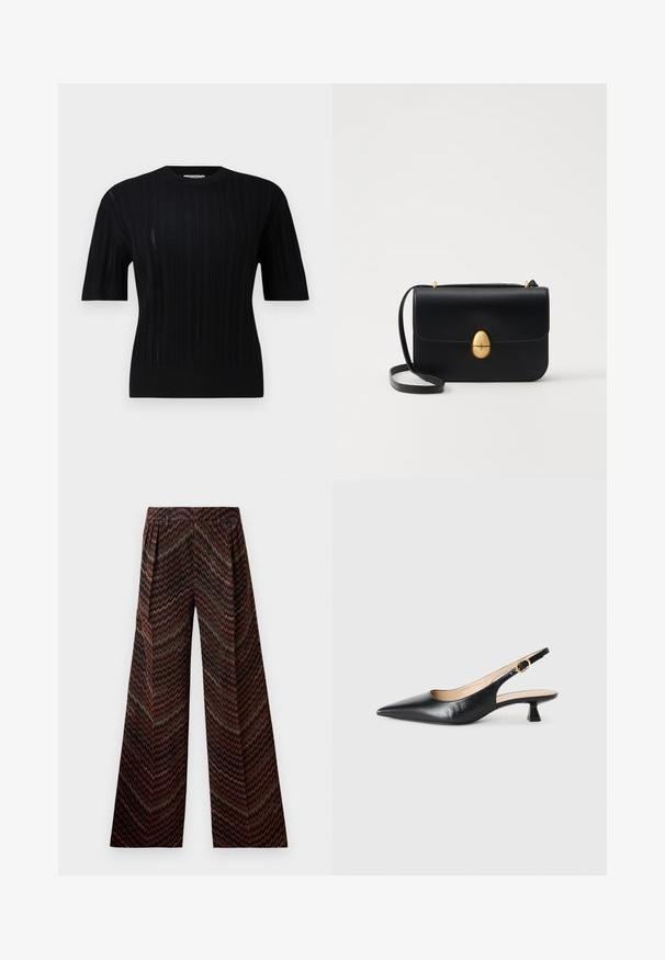 Filippa K BRAID - Pulover - black; Pantaloni largi cu talie înaltă și model în zigzag în nuanțe de maroniu, negru, roz și verde pe un fundal alb.; Pantofii cu toc kitten slingback din piele neagră, cu vârf ascuțit și cataramă aurie pe brățara laterală, pe un fundal alb.; Geantă de mână din piele neagră, cu o formă rectangulară structurată. Are un capac oval auriu și o curea subțire pentru umăr. Textură netedă.