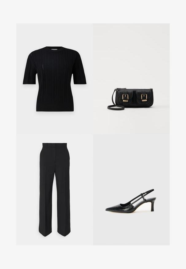 Filippa K BRAID - Striktrøje - black; WEEKEND MaxMara VISIVO - Bukser - nero; Sorte patent slingback hæl med spids tå, prydet med tekstureret slangeskindsmønster, justerbar rem og en kort, tekstureret blokhæl.; Sort læder crossbody taske med to frontlommer, guldspænder, lynlåslukning og en slank rem. Struktureret overflade og kompakt rektangulær form.