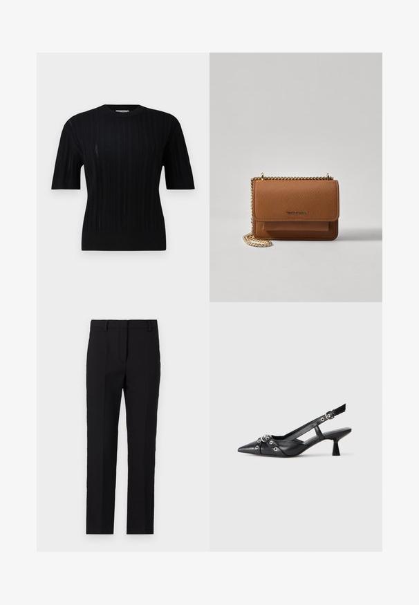 Filippa K BRAID - Džemperis - black; Juodos kelnės su pritaikytu kirpimu, tiesaus silueto dizainas, šoninės kišenės ir sklandus audinio paviršius.; Juodas odinis slingback tipo batai su smailiu priekiniu atvartu, dekoratyvinėmis sagtimis su metaliniais akyčiais ir žemu blokiniu kulnu. Saldus paviršius.; Ruda tekstūruota odinė per petį nešama rankinė su auksiniu grandininiu dirželiu ir užlenkiamo užsegimo. Priekinėje pusėje yra logotipo detalė ir kišenė po užlenkimu.