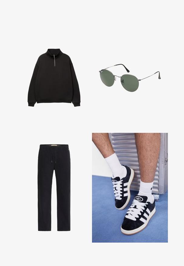 Czarny sweter z wysokim kołnierzem i suwakiem na ćwierć długości. Posiada luźny krój, długie rękawy oraz ściągacze na mankietach i u dołu.; Czarne bawełniane spodnie dresowe z elastycznym paskiem i sznurkiem do regulacji. Prosty krój nogawki z minimalnymi detalami szycia i bez widocznych kieszeni.; Czarne zamszowe sneakersy z białymi sznurówkami i trzema białymi paskami. Posiadają okrągłe czarne logo na języku i gumową podeszwę.; Okulary przeciwsłoneczne z metalową ramą i owalnymi zielonymi soczewkami. Cienka srebrna metalowa rama i czarne końcówki zauszników. Minimalistyczny design, bez widocznych logo.