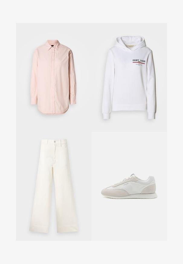 Weißer Hoodie aus weichem Stoff, mit einem Frontlogo "GANT 1949" und rot/blauen Streifenakzenten, langen Ärmeln und einer Kapuze mit Kordelzug.; Helles rosa Hemd mit Knopfleiste, spitzem Kragen, langen Ärmeln und abgerundetem Saum. Verfügt über eine dezente Textur und ein kleines besticktes Detail.; Weite Hosen aus hellem beigen Baumwollstoff. Mit hoher Taille, vorderen Taschen und geradem Schnitt. Saubere Saumverarbeitung ohne Muster.; Helle Sneaker aus einer Kombination von weißem Leder und beigem Wildleder, mit einer strukturierten Sohle und minimaler Markenkennzeichnung an der Seite.