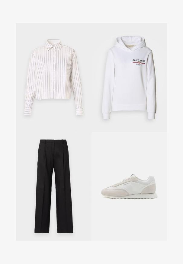 Valge kapuutsiga sviiter, mis on valmistatud pehmest kangast, esiküljel on logo "GANT 1949" ja punase/sinise triibuliselt esitlemine, pikkade varrukatega ja reguleeritava kapuutsiga.; Triibuline valge pluus õhukeste pruunide triipudega. Omab teravat kraed, pikkade varrukate ja rinnataskut. Lühendatud pikkus.; Mustad kohandatud püksid sirge jala kujundusega, teravate voltidega ja siledast tekstuurist. Valmistatud kergetest kangastest.; Heledad värvi tenniset, mis on valmistatud valgest nahast ja beežist seemisnahast, tekstuurse tallaga ja minimaalse brändingu kujundusega küljes.