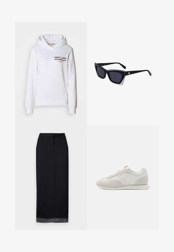 Bílá mikina s kapucí z měkké látky, s předním logem "GANT 1949" a červenými/modrými pruhy, s dlouhými rukávy a stahovací kapucí.; Černá dlouhá sukně z hladkého materiálu. Má rovný střih s jemným průsvitným lemem, upraveným pasem a detailem rozparku vzadu.; Světle barevné tenisky s kombinací bílé kůže a béžové semišové kůže, s texturovanou podrážkou a minimálním brandingem po straně.; Černé oversized sluneční brýle geometrického tvaru, s tmavými skly a kontrastním šedým detailem na rámu. Logo na rameni.