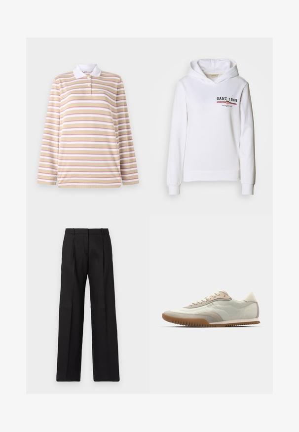 Bijela dukserica od mekanog materijala, s prednjim logotipom "GANT 1949" i crveno/plavim prugastim detaljima, dugih rukava i kapuljačom s vezicom.; Polo majica dugih rukava u bež boji s ružičastim i bijelim horizontalnim prugama, s bijelim ovratnikom i plaketom s tri gumba. Mekana tekstura tkanine.; Crne krojene hlače ravnog kroja, s oštrim pregibima i glatkom teksturom. Izrađene od lagane tkanine.; Bijele i bež tenisice s glatkom gornjom površinom i akcentima od nubuka, teksturiranom potplatom i toniranim šavovima. Zatvaranje na čipke s detaljem logotipa.
