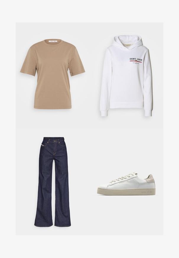 Bílá mikina s kapucí z měkké látky, s předním logem "GANT 1949" a červenými/modrými pruhy, s dlouhými rukávy a stahovací kapucí.; Hnědé bavlněné tričko s krátkým rukávem, kulatým výstřihem a jemným reliéfním potiskem na přední straně. Hladká textura a volný střih.; Tmavě modré džíny s širokým střihem vyrobené z denimové tkaniny, s vysokým pasem, oranžovým prošíváním, pěti kapsami a zapínáním na knoflík.; Bílé kožené tenisky s hladkým povrchem, béžovými semišovými akcenty, kulatou špičkou, plochým šněrováním a texturovanou gumovou podrážkou.