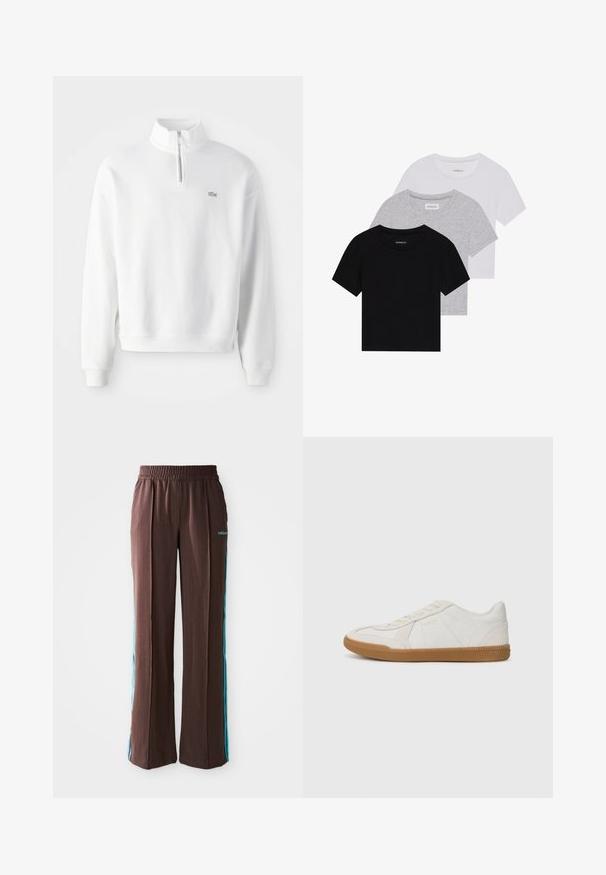 Valkoinen huppari, jossa on puolivälin vetoketju kauluksessa, pitkä hihat ja ribbaatut hihansuut. Sisältää pienen logon rinnassa ja rento istuvuus.; Kolm lyhythihaista t-paitaa mustana, harmaana ja valkoisena. Valmistettu puuvillasta, jossa on pyöreä kaula-auko ja yksinkertainen, tasavärinen muotoilu.; Ruskeat urheiluhousut, joissa on ribattu rakenne, joustava vyötärö ja turkoosit sivusuunnat. Edessä on adidas-logo.; Valkoiset lenkkarit, joissa on teksturoitu nahkavarsi ja kuminen pohja. Ominaisuuksiin kuuluvat nauhakiinnitys ja huomaamaton brändidetali sivulla.