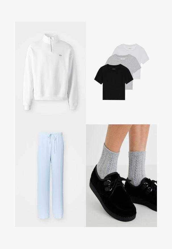 Sweatshirt branco com colarinho de meia zip, mangas longas e punhos canelados. Apresenta um pequeno logótipo no peito e um design de ajuste relaxado.; Conjunto de três t-shirts de manga curta nas cores preto, cinza e branco. Feitas em algodão, com gola redonda e um design simples, em cores sólidas.; Calças soltas de cor azul claro, com cintura elástica e cordão ajustável; feitas de um tecido suave e respirável, com uma textura lisa.; Sapatos pretos de veludo com solas planas, bico redondo e ilhós duplos. Usados com meias cinzentas de malha com tranças. Textura suave e design simples.