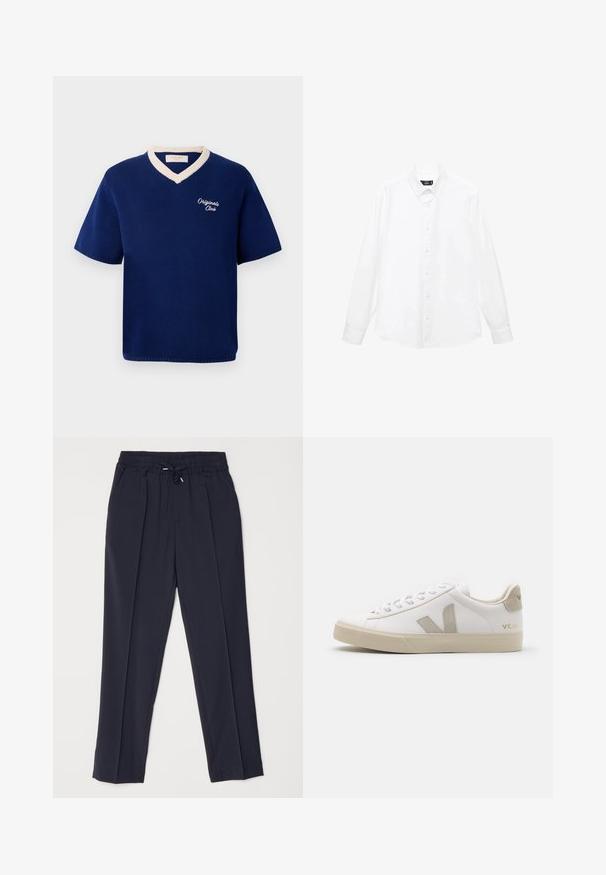 Navyblauwe trui met korte mouwen van tricot met crème V-halsrand en "Originals Club" geborduurd op de linkerborst.; Witte overhemd met lange mouwen, voorzien van een button-down kraag, knopen aan de voorkant, rechte zoom en zachte katoenen stof. Minimalistisch ontwerp zonder patronen.; Marineblauwe broeken met een elastische tailleband en koord. Voorzien van twee voorplooien en taps toelopende benen voor een gestructureerd silhouet.; Witte leren sneaker met beige accenten, platte rubberen zool, ronde neus en contrasterend logo aan de zijkant en achterkant. Vetersluiting.