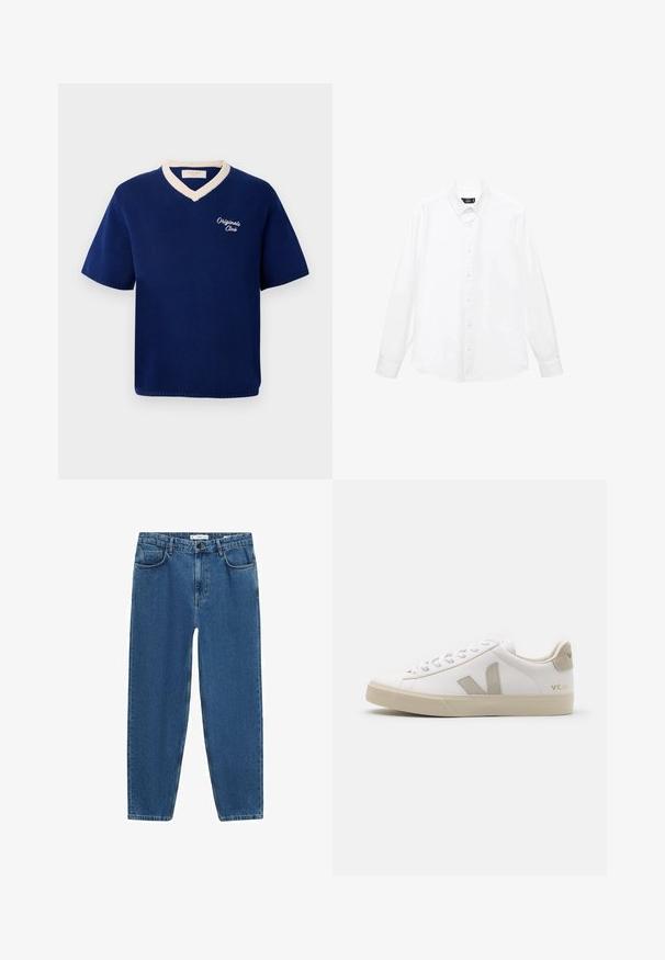 Námornícky modrá pletená košeľa s krátkym rukávom a krémovým V-čkovým výstrihom, s vyšitou značkou "Originals Club" na ľavej strane hrude.; Biela košeľa s dlhým rukávom, s golierom na gombíky, prednými gombíkmi, rovnym lemom a mäkkou bavlnenou tkaninou. Minimalistický dizajn bez vzorov.; Svetlomodré džínsy s rovnými nohavicami, s klasickým päticovým strihom a zapínaním na gombík v oblasti pása.; Biele kožené tenisky s béžovými akcentmi, plochá gumová podrážka, okrúly špička a kontrastné logo na boku a zadnej časti. S viazaním.