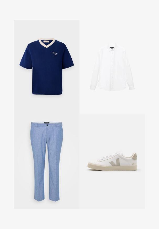 Mornarsko modra kratka majica iz pletenine z bež V-izrezom in izvezenim napisom "Originals Club" na levem prsnem delu.; Bela dolga majica s kratkimi rokavi z ovratnikom na gumb, sprednjimi gumbi, ravnim robom in mehkimi bombažnimi materiali. Minimalističen dizajn brez vzorcev.; Svetlo modri hlače iz teksturirane tkanine, s ravnim krojem, z páskami za pas in enim sprednjim gumbom za zapiranje.; Beli usnjeni copat z bež akcenti, raven gumijast podplat, okrogla konica in kontrastni logotip na strani in zadaj. Zavezovan dizajn.