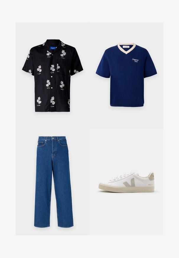 Tamno plava kratka majica s kratkim rukavima od pletenine s kremastim V-izrezom i izvezenim natpisom "Originals Club" na lijevoj strani prsnog koša.; Crna majica kratkih rukava s cvjetnim bijelim i zlatnim vezom, zatvaranje na gumbe i džepom na prsima. Tekstura tkanine.; Široke plave traperice od denima, s visokim strukom, dizajnom s pet džepova i kontrastnim šavovima duž šavova i džepova.; Bijele kožne tenisice s bež naglascima, ravnim gumenim potplatom, okruglim vrhom i kontrastnim logotipom s bočne i stražnje strane. Dizajn svezanja.