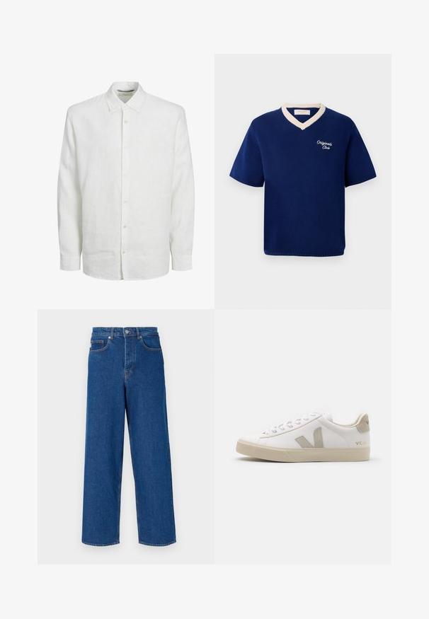 Μπλε ναυτικού κοντομάνικο πλεκτό πουκάμισο με κρεμ ανάγλυφο V και ραμμένο το "Originals Club" στο αριστερό στήθος.; Λευκό πουκάμισο με μακριά μανίκια από λινό, διαθέτει κουμπώσιμο μπροστινό μέρος, κλασικό γιακά και διακριτική υφή. Τα μανίκια τελειώνουν στους καρπούς με κουμπιά.; Φαρδιά τζιν παντελόνια που κατασκευάζονται από ντένιμ, με ψηλή μέση, πέντε τσέπες και αντίθεση ραφής κατά μήκος των ραφών και των τσεπών.; Λευκό δερμάτινο αθλητικό παπούτσι με μπεζ λεπτομέρειες, επίπεδη καουτσούκ σόλα, στρογγυλή μύτη και αντίθετο λογότυπο στο πλάι και πίσω. Σχεδίαση με κορδόνια.