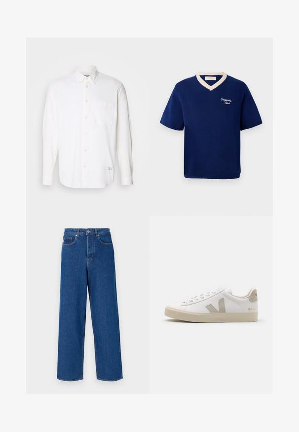 Sinih lycra pendi dengan lengan pendek dan trim leher V krem, serta bordir "Originals Club" di dada kiri.; Valkoinen pitkähihainen puuvillapaita, jossa on napituskaulus, yksi rintatasku ja hillitty teksturoitu kangas.; Siniset leveälahkeiset farkut, jotka on valmistettu denimistä, korkea vyötärö, viisi taskua ja erivärinen ompelu saumoissa ja taskuissa.; Valkoiset nahkakengät, joissa on beigen sävyjä, litteä kumipohja, pyöreä kärki ja kontrastiväri logo sivuilla ja takana. Nauha-tyylinen muotoilu.