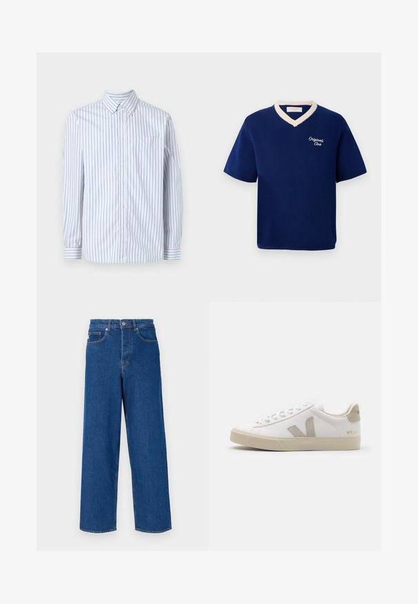 Maglietta a maniche corte in maglia blu navy con bordo a V crema e ricamo "Originals Club" sul lato sinistro del petto.; Camicia a maniche lunghe con bottoni in cotone a strisce blu chiaro e bianche, con taschino sul petto e colletto button-down.; Jeans blu a gamba larga in denim, con vita alta, design a cinque tasche e cuciture a contrasto lungo le cuciture e le tasche.; Sneaker bianco in pelle con accenti beige, suola piatta in gomma, punta rotonda e logo a contrasto ai lati e sul retro. Design con lacci.