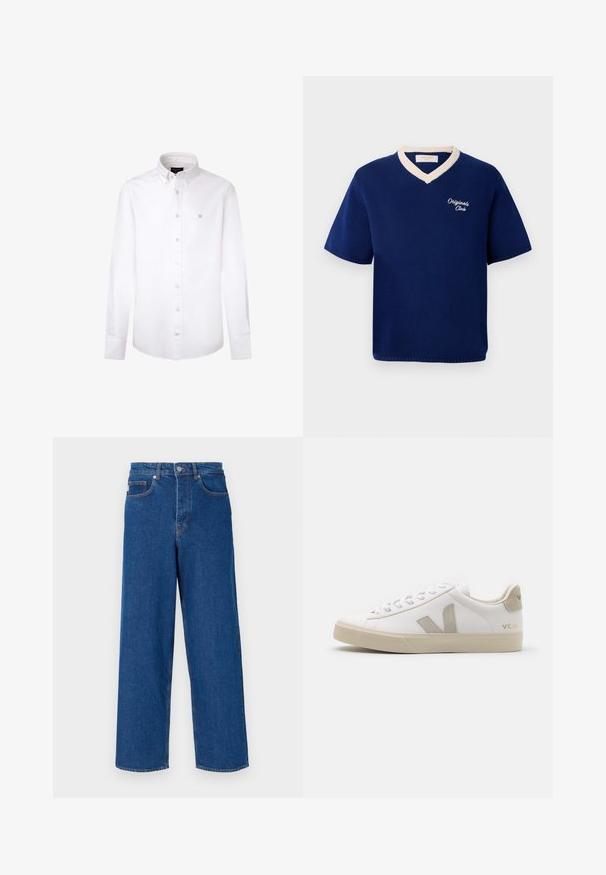 Marineblaues kurzärmeliges Strickshirt mit cremefarbener V-Ausschnitt-Bordüre und "Originals Club"-Stickerei auf der linken Brust.; Weißes Langarmhemd aus Baumwolle. Verfügt über einen klassischen Button-Down-Kragen, vordere Knöpfe und ein kleines blaues Logo auf der linken Brust.; Weite blaue Jeans aus Denim mit hoher Taille, Fünf-Taschen-Design und Kontrastnähten entlang der Nähte und Taschen.; Weiße Ledersneaker mit beigen Akzenten, flacher Gummisohle, runder Zehenpartie und kontrastierendem Logo an der Seite und Rückseite. Mit Schnürdesign.