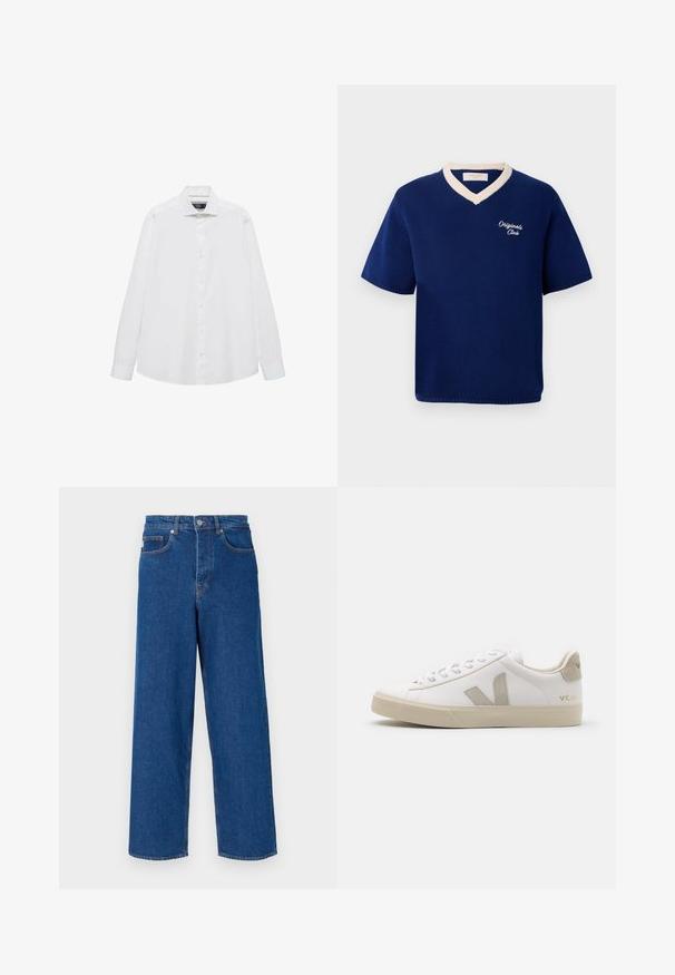Camisa de punto de manga corta azul marino con ribete en V color crema y "Originals Club" bordado en el lado izquierdo del pecho.; Camisa blanca de manga larga con cuello puntiagudo, cierre de botones en la parte frontal y una textura suave. Sin patrones ni adornos.; Vaqueros de pierna ancha azul, fabricados en denim, con cintura alta, diseño de cinco bolsillos y costuras contrastantes a lo largo de las costuras y los bolsillos.; Zapatillas blancas de cuero con acentos en beige, suela plana de goma, puntera redonda y logotipo contrastante en el lado y la parte trasera. Diseño con cordones.