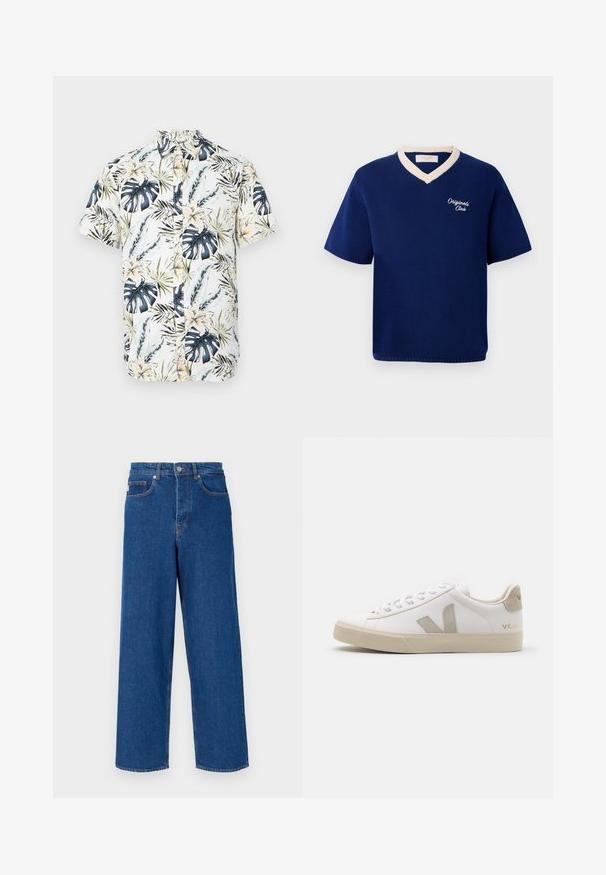 Sinih lycra pendi dengan lengan pendek dan trim leher V krem, serta bordir "Originals Club" di dada kiri.; Lyhythihainen paita, jossa on valkoinen pohja ja trooppinen kuosi, jossa on sinisiä ja vihreitä lehtiä, keltaisia kukkia ja nappisuljenta.; Siniset leveälahkeiset farkut, jotka on valmistettu denimistä, korkea vyötärö, viisi taskua ja erivärinen ompelu saumoissa ja taskuissa.; Valkoiset nahkakengät, joissa on beigen sävyjä, litteä kumipohja, pyöreä kärki ja kontrastiväri logo sivuilla ja takana. Nauha-tyylinen muotoilu.