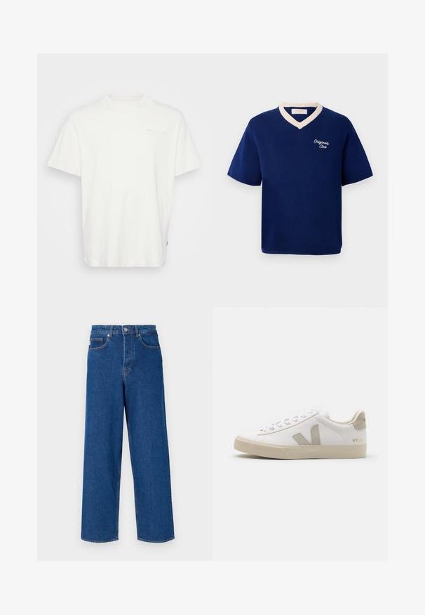 Marineblå kortærmet striktrøje med cremefarvet V-hals og "Originals Club" broderet på venstre bryst.; Hvid bomulds T-shirt med rund hals, korte ærmer og et lille trykt logo på forsiden. Har en afslappet pasform og en glat tekstur.; Bredde ben blå jeans lavet af denim, med høj talje, fem-lomme design og kontrastsyninger langs sømene og lommerne.; Hvide lædersneakers med beige detaljer, flad gummisål, rund tå og kontrasterende logo på siden og bagsiden. Snørebåndsdesign.