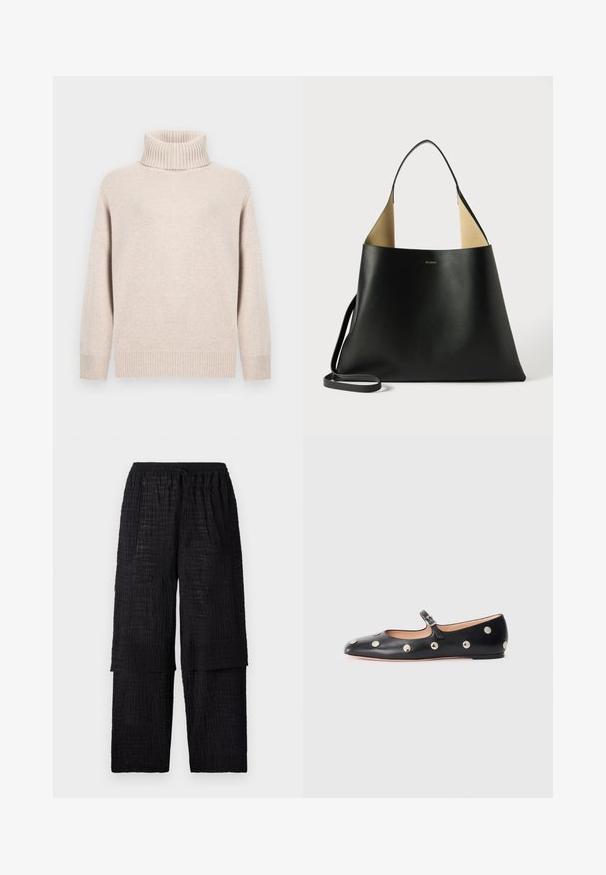 Beige turtleneck sweater with ribbed collar and cuffs. Soft texture and relaxed fit. Standard length with minimalistic design.; Henrik Vibskov SHANTS PANTS - Trousers - black; Black leather Mary Jane flat shoe with a rounded toe, featuring silver circular studs and an adjustable strap with a buckle.; Black leather tote bag with a spacious, angular design. Features a contrast tan interior and thin shoulder strap. Minimalist branding displayed.