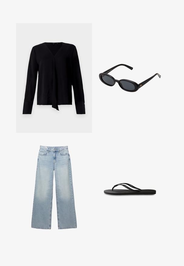 Crveni pleteni pulover s okruglim izrezom, rebrastom teksturom i dugim rukavima. Ima opušteni kroj i skraćeni rub. Oznake su vidljive iznutra.; Theory HIDDEN SLIT MODER - Bluza - black; Svijetloplave, široke traperice izrađene od denima. Imaju pet džepova, petlje za remen i zakopčavanje na gumb. Izbjeljeni izgled s suptilnim izblijedjivanjem.; Crne japanke s teksturiranom gumenenom potplatom, dva uska remena i suptilnim, urezanim logom na remenu.; Crne velike sunčane naočale s ovalnim staklima, glatkim plastičnim okvirom i zlatnim detaljima na sljepočnicama. Tamna stakla pružaju zaštitu od sunca.