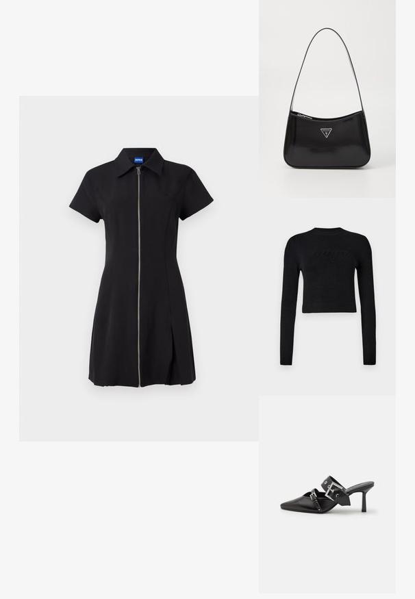 Fekete, hosszú ujjú, rövidített pulóver bordázott mandzsettával és szegéllyel, finoman kiemelkedő logóval a mellkas felett.; Fekete ruha rövid ujjal, elülső cipzárral, gallérral és oldalsó hasítékkal. Simítású anyagból készült, finom logóval a mellrészen.; Fekete magassarkú mules, hegyes orral, sima bőrből készült. Széles bokapántja van, négyzet alakú ezüst csattal és szegecsekkel.; Fekete lakkbőr válltáska ívelt formával, ezüst háromszög logóval és cipzáros záródással. Simaság jellemzi és vékony pántja van.