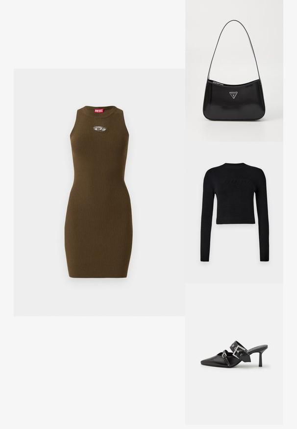 Juodas ilgas rankovėmis trumpas megztinis su raukšlėtais rankogaliais ir apatine dalimi, su subtiliu iškilusiu logotipu per krūtinę.; Bežinis megzto suknelė be rankovių, su standartiniu kaklu, prigludusi siluetu, ovaliu metaliniu logotipu ant krūtinės ir raudonu prekės ženklu kolorike.; Juodos aukštakulnės mule bateliai su smailiu pirštu, pagaminti iš lygaus odos. Turi platų kulkšnies dirželį su kvadratiniu sidabro sagtimi ir skulptūromis.; Juodas lakinės odos peties krepšys, turintis kreivą formą, su sidabriniu trikampio logotipu ir užtrauktuko uždarymu. Lygus paviršius ir siauras diržas.